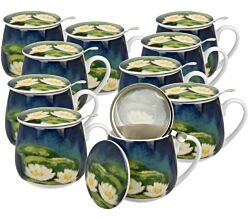 10er SET DUO ART GALLERY Fassbecher 430 ml NENUFARS mit Teesieb, New Bone China Porzellan