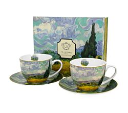 DUO ART GALLERY 2er-Set Tassen 250 ml WHEAT FIELD mit Untertassen, New Bone China Porzellan