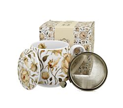 DUO FLORAL Fassbecher 430 ml ENGLISH ROSES WHITE mit Teesieb, New Bone China Porzellan