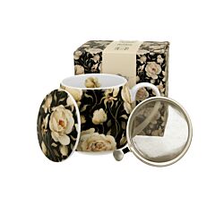 DUO FLORAL Fassbecher 430 ml ENGLISH ROSES BLACK mit Teesieb, New Bone China Porzellan