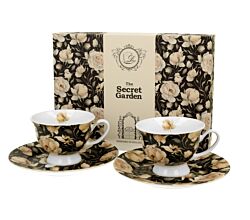 DUO FLORAL 2er-Set Espressotassen 100 ml ENGLISH ROSES BLACK mit Untertassen, New Bone China Porzellan