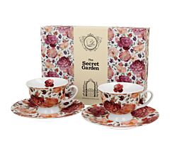 DUO FLORAL 2er-Set Espressotassen 100 ml SPRING ROSES WHITE mit Untertassen, New Bone China Porzellan