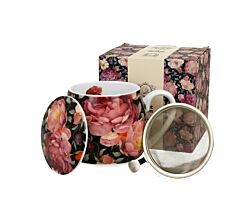 DUO FLORAL Fassbecher 430 ml SPRING ROSES BLACK mit Teesieb, New Bone China Porzellan