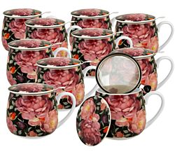 10er SET DUO FLORAL Fassbecher 430 ml SPRING ROSES BLACK mit Teesieb, New Bone China Porzellan