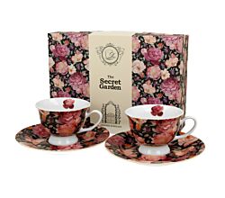DUO FLORAL 2er-Set Espressotassen 100 ml SPRING ROSES BLACK mit Untertassen, New Bone China Porzellan
