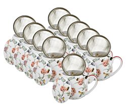 10er SET DUO FLORAL Fassbecher 430 ml MILAGROS mit Teesieb, New Bone China Porzellan