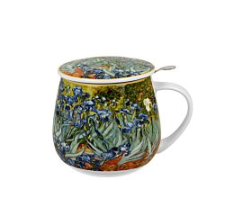 DUO ART GALLERY Fassbecher 430 ml mit Teesieb IRISES inspired by Van Gogh, New Bone China Porzellan