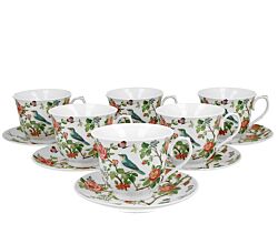 DUO CROCUS Kollektion 6er-Set Tassen BIRDS ON A BRANCH mit Untertasse, New Bone China Porzellan