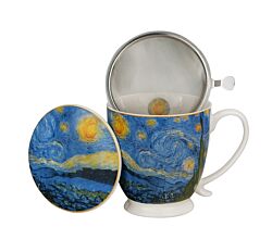 DUO ART GALLERY Becher 500 ml mit Fuß und Teesieb STARRY NIGHT inspired by Van Gogh, New Bone China Porzellan