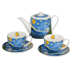 DUO ART GALLERY Teekanne mit 2 Tassen und Teesieb STARRY NIGHT inspired by Van Gogh, New Bone China Porzellan