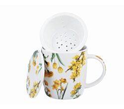 DUO Spring in bloom Becher 400 ml YELLOW FLOWERS mit Teesieb und Deckel, New Bone China Porzellan