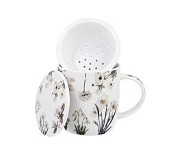 DUO Spring in bloom Becher 400 ml WHITE FLOWERS mit Teesieb und Deckel, New Bone China Porzellan