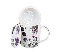DUO Spring in bloom Becher 400 ml PURPLE FLOWERS mit Teesieb und Deckel, New Bone China Porzellan