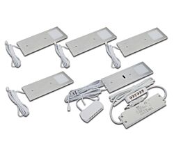 HERA 5er Set LED Eco Pad F 3W, neutralweiß (4000K), alu gebürstet, dimmbar, inkl. Trafo 15W / Unterbauleuchten / Oberschrankleuchten