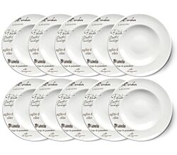 10er SET CreaTable - EUROPA GUSTOSO - Pastateller 30,5 cm aus Porzellan mit Schriftdekor