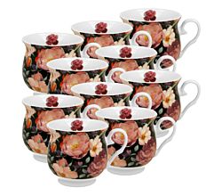 10er SET DUO FLORAL Retro Becher 500 ml SPRING ROSES BLACK New Bone China Porzellan