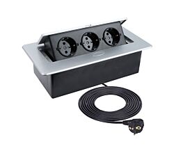 DesignLight KOMBI BOX aluminium 3-fach Einbausteckdose mit 3 m Kabel / KOMB-AL-3DE-3,0-03