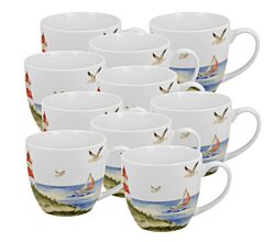 10er SET DUO Seaside Becher 460 ml LIGHTHOUSE (Leuchtturm) in Tragetasche, New Bone China Porzellan