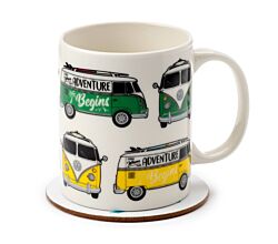 Puckator Volkswagen VW T1 Bulli Tasse & Untersetzer Set aus Porzellan, 300 ml / Becher