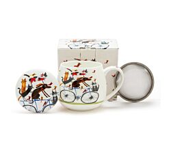 DUO Dog's World Fassbecher DOG ON A BIKE 430 ml mit Teesieb und Deckel, Bone China Porzellan
