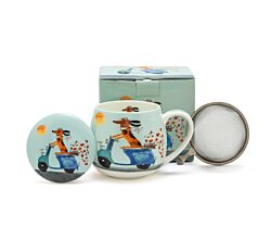 DUO Dog's World Fassbecher DOG ON A SCOOTER 430 ml mit Teesieb und Deckel, Bone China Porzellan