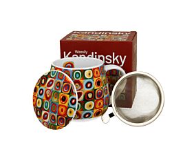 DUO ART GALLERY Fassbecher 430 ml mit Teesieb und Deckel SQUARES WITH CIRCLES inspired by W. Kandinsky, New Bone China Porzellan