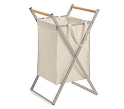 ZELLER 14298 Wäschesammler, klappbar, Metall/Holz/Polyester, greige, ca. 36,5 x 40 x 67 cm