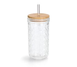 ZELLER 19648 Trinkglas mit Bambusdeckel und Glastrinkhalm, Ø 8,9 x 16,4 cm