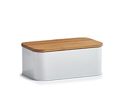 ZELLER 25370 Brotkasten mit Bambusdeckel, Metall, matt weiß, 31 x 18 x 12,5 cm