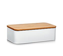 ZELLER 25375 Brotkasten mit Bambusdeckel, Metall, matt weiß, 42,5 x 23 x 13 cm