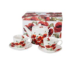 DUO FLORAL Set aus Teekanne, Edelstahl-Sieb und zwei Tassen mit Untertassen CLASSIC POPPIES New Bone China Porzellan